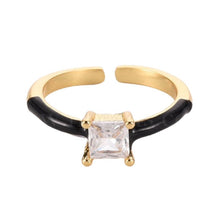 Load image into Gallery viewer, Ring. One Size. Enamel &#39;Open&#39; Solitaire Ring, Square Clear Cubic Zirconia, Size Adjustable
