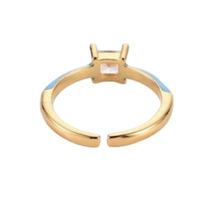 Ring. One Size. Enamel 'Open' Solitaire Ring, Square Clear Cubic Zirconia, Size Adjustable