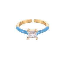 Load image into Gallery viewer, Ring. One Size. Enamel &#39;Open&#39; Solitaire Ring, Square Clear Cubic Zirconia, Size Adjustable
