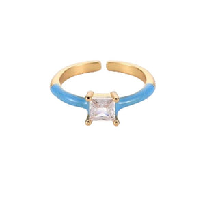 Ring. One Size. Enamel 'Open' Solitaire Ring, Square Clear Cubic Zirconia, Size Adjustable