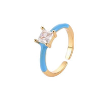 Load image into Gallery viewer, Ring. One Size. Enamel &#39;Open&#39; Solitaire Ring, Square Clear Cubic Zirconia, Size Adjustable
