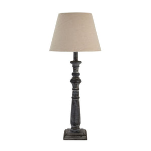 Lamp, Handcrafted 'Column' Grey Wash Wood with Complementary Linen Shade, Table Light