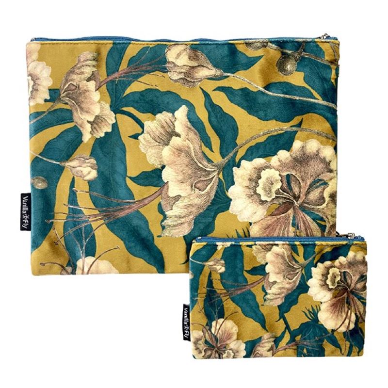 Purse with zip.  Make up Bag / Pouch. Velour printed fabric. Teal & Mustard Floral. VF