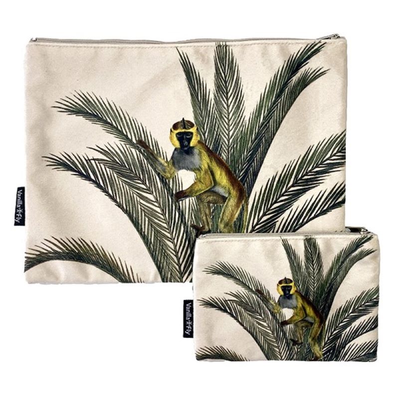 Purse with zip.  Make up Bag / Pouch. Velour printed fabric. Monkey Palm. VF