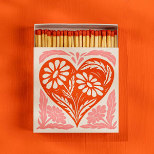 Match Box Square, 'Botanical Heart' Red, Pink & White, Safety Matches.