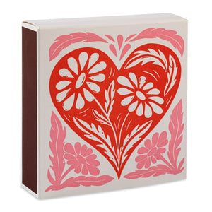 Match Box Square, 'Botanical Heart' Red, Pink & White, Safety Matches.