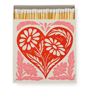 Match Box Square, 'Botanical Heart' Red, Pink & White, Safety Matches.