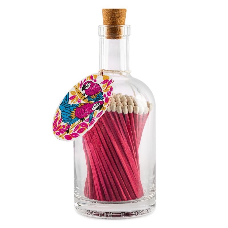 Match Bottle, Pink Parrot Safety Matches in Glass Bottle with Cork Stopper