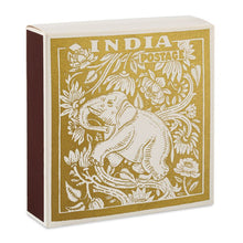 Load image into Gallery viewer, Match Box Square, Indian Elephant Stamp, India Gold Safety Matches.
