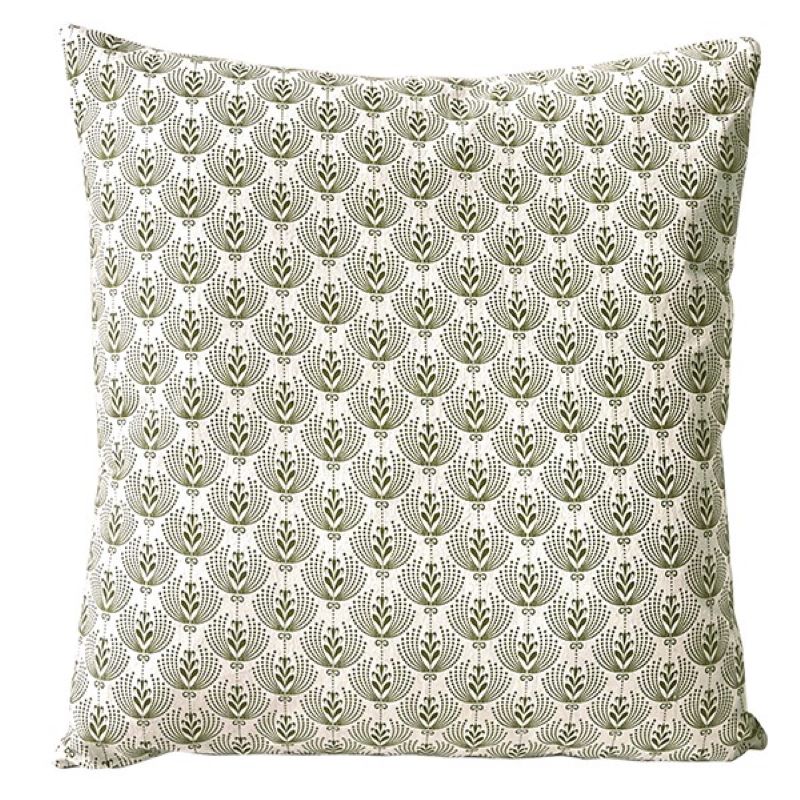 Cushion. Square Cotton, Cream & Olive Green Design 'Miranda' Print. VF