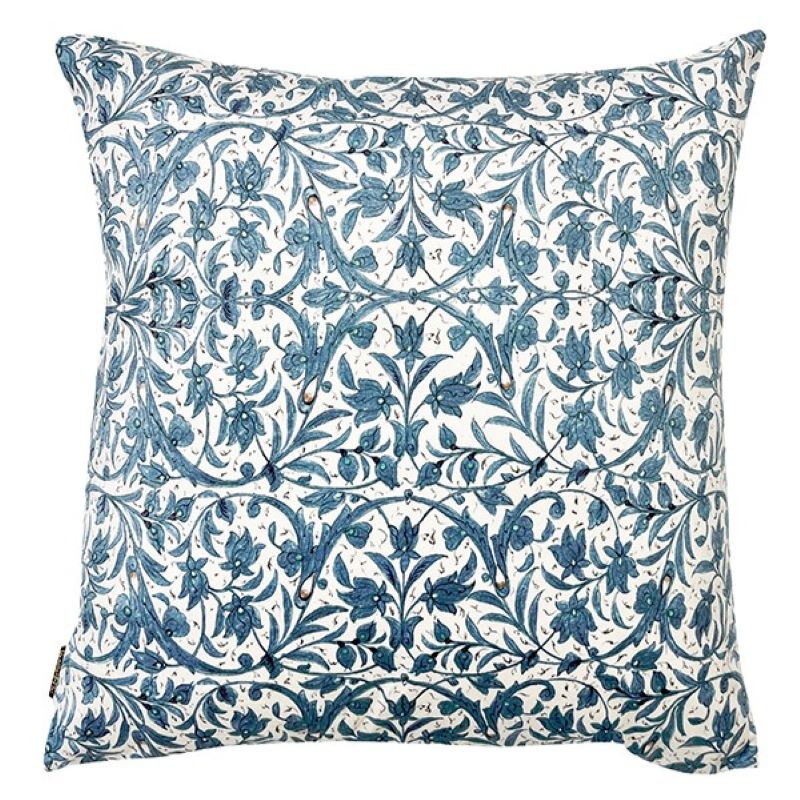 Cushion. Square Velvet, Patterned, 'Pacific' Cream, Blue Floral Design. VF