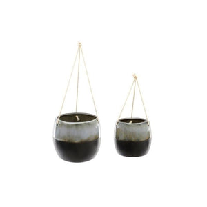 Plant Pot, Hanging Stoneware in Black and Glazed with Rope Hanger x Set of 2