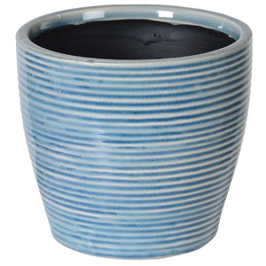 Plant Pot, Blue 'Washed' Ribbed Glazed Ceramic. Blue Rib Planter.