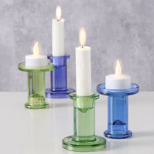Candle Holder, Glass, Reversible, Light Green, Light Blue, Dark Green, Dark Blue