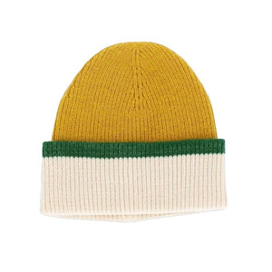 Hat, Men's Soft Knit Beany with Knitted Turn Up, in Ochre, Green, Cream One Size