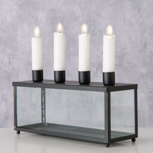 Load image into Gallery viewer, Candle Holder, Black Metal &amp; Glass Box, With Storage, Fits 4 Dinner Candles
