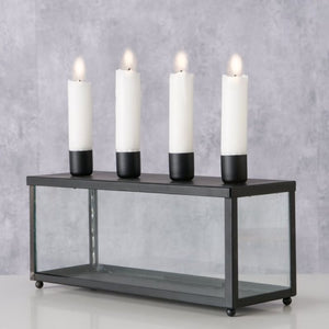 Candle Holder, Black Metal & Glass Box, With Storage, Fits 4 Dinner Candles