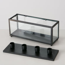 Load image into Gallery viewer, Candle Holder, Black Metal &amp; Glass Box, With Storage, Fits 4 Dinner Candles
