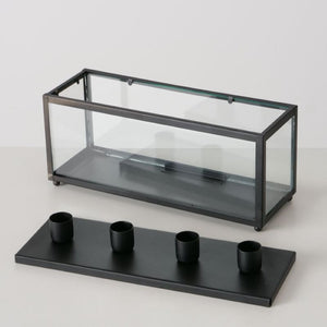 Candle Holder, Black Metal & Glass Box, With Storage, Fits 4 Dinner Candles