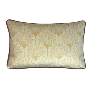 Cushion. Rectangle Velvet Cushion. Cream & Gold Pattern with Brown Piping & reverse VF