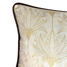 Load image into Gallery viewer, Cushion. Rectangle Velvet Cushion. Cream &amp; Gold Pattern with Brown Piping &amp; reverse VF
