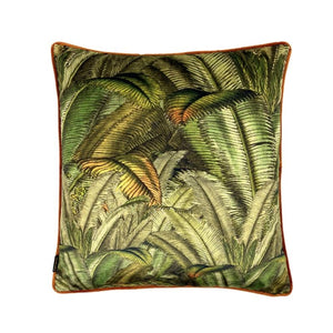 Cushion. Square Velvet, with Piping. Green and Orange Fern Pattern. VF