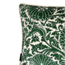 Load image into Gallery viewer, Cushion. Rectangle Velvet Cushion. Cream and Green Circle Pattern. VF.
