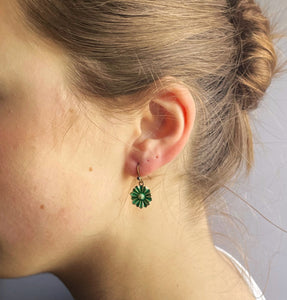 Earrings, Bronze Style Ear Wire Fixing, with Green Enamel Flower