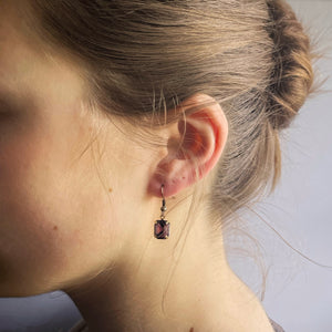 Earrings, Bronze Style Ear Wire Fitting, Dark Purple Stone in Bronze Setting