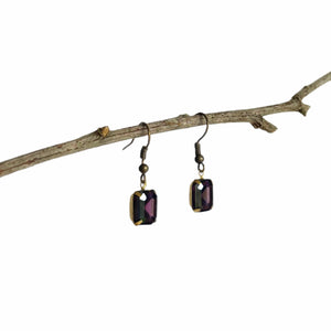Earrings, Bronze Style Ear Wire Fitting, Dark Purple Stone in Bronze Setting