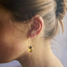 Load image into Gallery viewer, Earrings, Amber Style Stone with Bronze Bee Decal / Pendant, Bronze Ear Hoop
