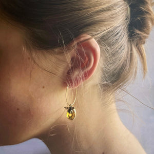 Earrings, Amber Style Stone with Bronze Bee Decal / Pendant, Bronze Ear Hoop