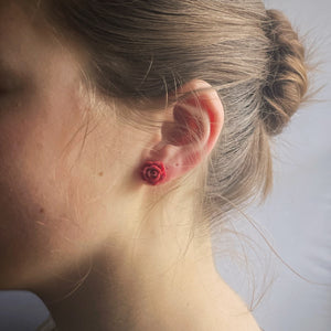Earrings, Studs, Rose Design with Silver Coloured Ear Post, Red