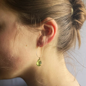 Earrings. Long Drop Hooped Ear Hook, Bronze Fixings. Soft Green Teardrop Style Stone.