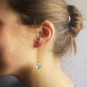 Earrings. Long Drop Ear Hook, Bronze Fixings. Soft Blue Teardrop Style Stone.