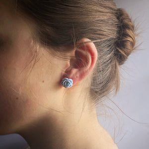 Earrings, Studs, Rose Design with Silver Coloured Ear Post, Soft Blue