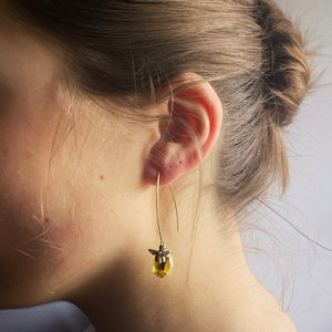 Earrings. Bee, Long Drop Ear Hook, Bronze and Topaz Style Stone.