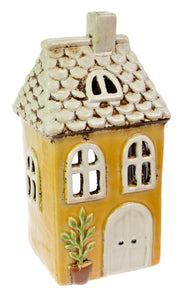 Candle House, Ceramic Dutch Tea Light Holder, Glazed Pottery, Tiled Roof With Plant Yellow