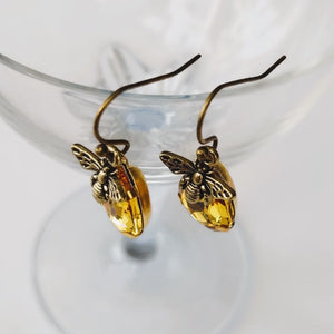 Earrings, Amber Style Stone with Short Bronze Hook, Tear Drop Stone