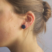Load image into Gallery viewer, Earrings, Studs, Rose Design with Silver Coloured Ear Post, Navy Blue
