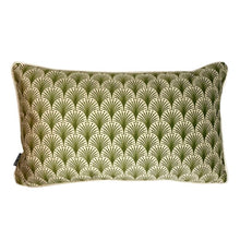 Load image into Gallery viewer, Cushion. Rectangle Velvet Cushion. Cream and Green Fans.
