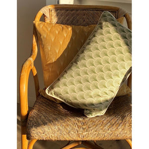 Cushion. Rectangle Velvet Cushion. Cream and Green Fans VF