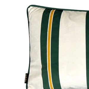 Cushion. Rectangle Velvet Cushion. Cream, Gold and Green Stripe with Green Piping. VF
