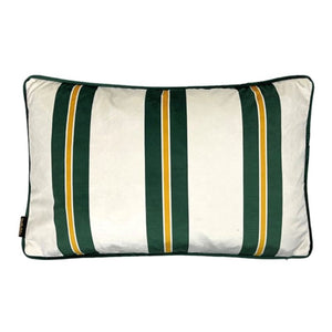 Cushion. Rectangle Velvet Cushion. Cream, Gold and Green Stripe with Green Piping. VF
