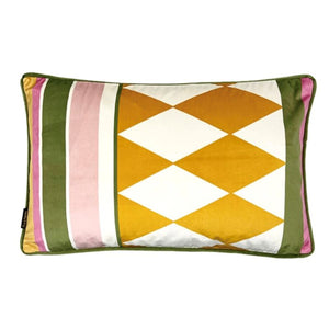 Cushion, Rectangular Velvet. Cream, Pink, Olive, Mustard with Green Piping, Geometric VF