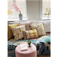 Load image into Gallery viewer, Cushion, Rectangular Velvet. Cream, Pink, Olive, Mustard with Green Piping, Geometric VF
