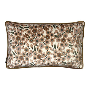 Rectangle Velvet Cushion. Cream, Petit Brown Flowers with Brown Piping.  VF