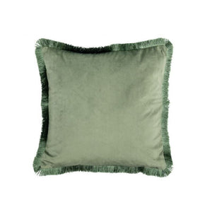 Cushion. Square Green Velvet Fringed Cushion with Velvet Reverse