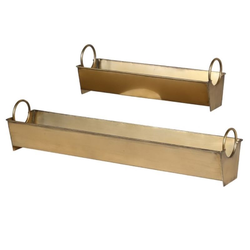 Trays, Set of 2 Brass Look Containers with Ringed Handles/Sides