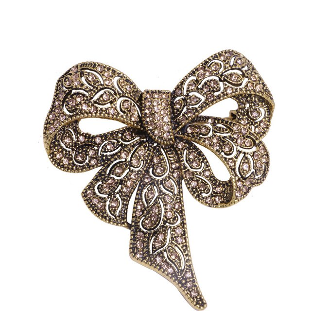 Brooch, Gold Coloured Metal with Rhinestone Style Bow Knot